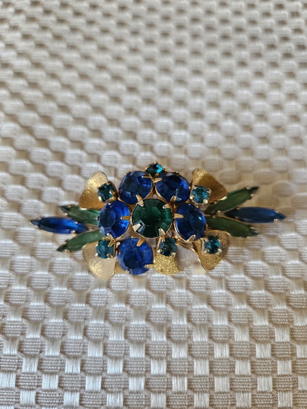 Vintage-Inspired Blue & Green Crystal Flower Brooch